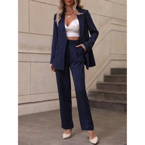 2 piece set: Navy Pinstripe Pantsuit Two-Piece Set Plazacore Business - Picture 1 of 1